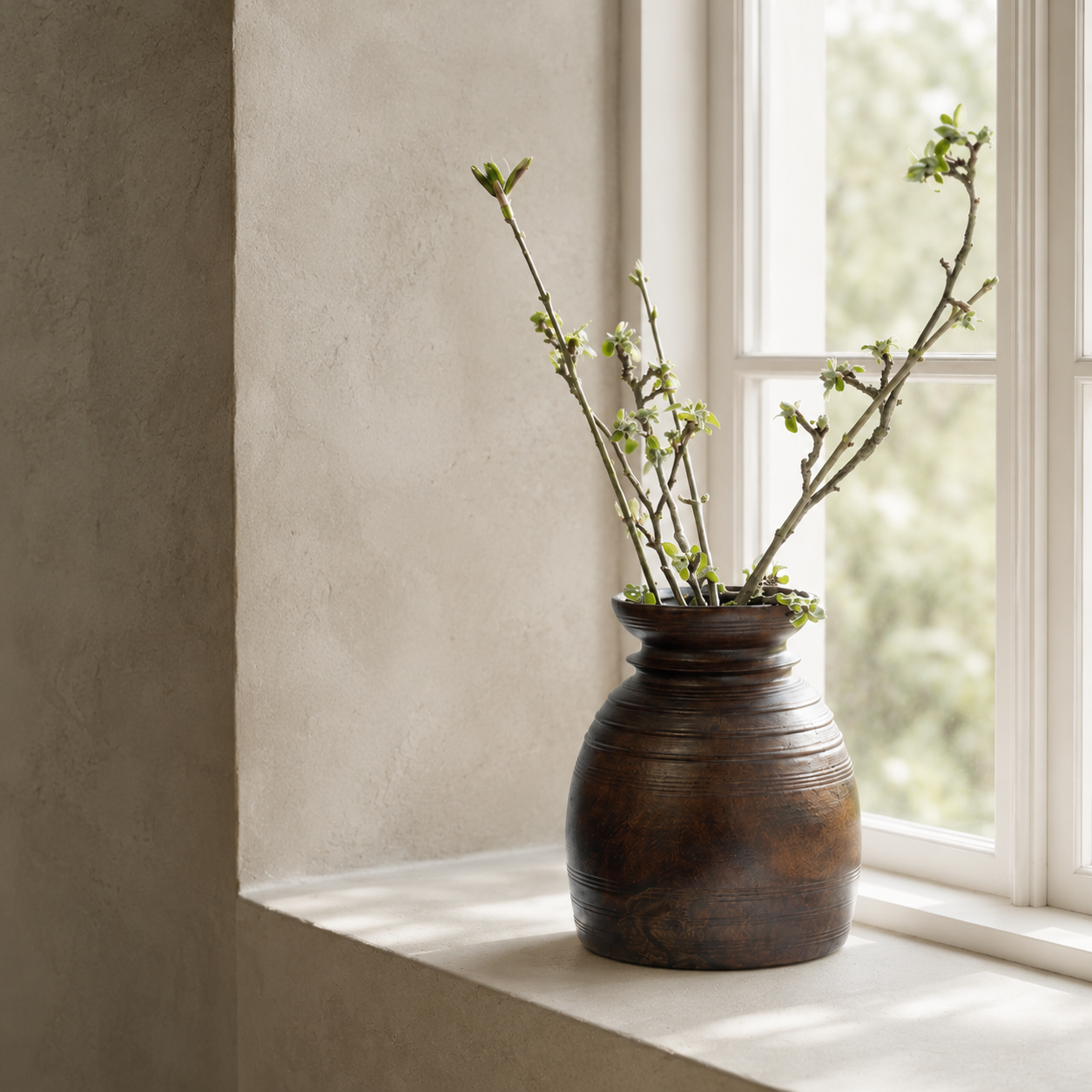 A brown wooden vase with a textured surface contains a branch with small green leaves, sitting on a window sill next to a window with a blurred green outdoor scene.
