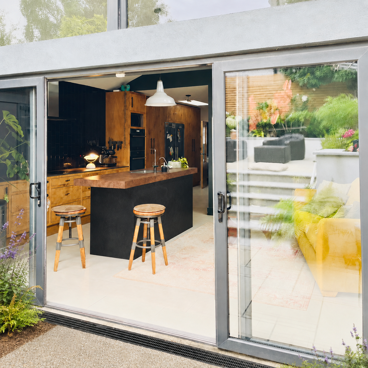 A modern kitchen viewed through sliding glass doors, featuring a black island with wooden stools, wooden cabinets, and a view of a patio with outdoor furniture and plants.