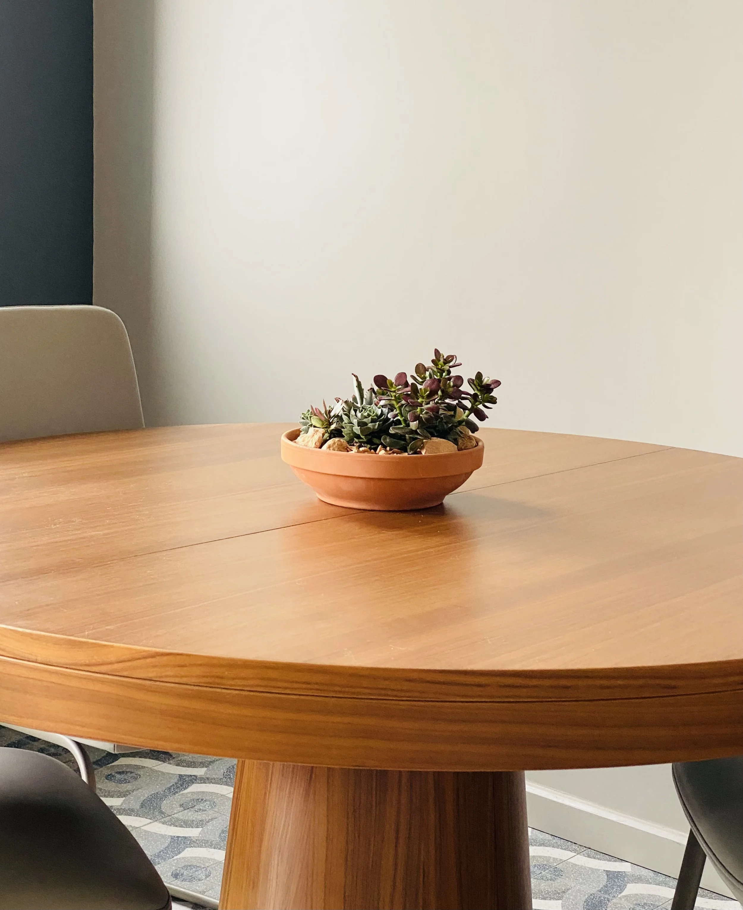 Center of a wooden dining table with a terracotta pot holding succulents. Part of a white chair and two black chairs are visible. The background shows a white wall and a patterned floor.