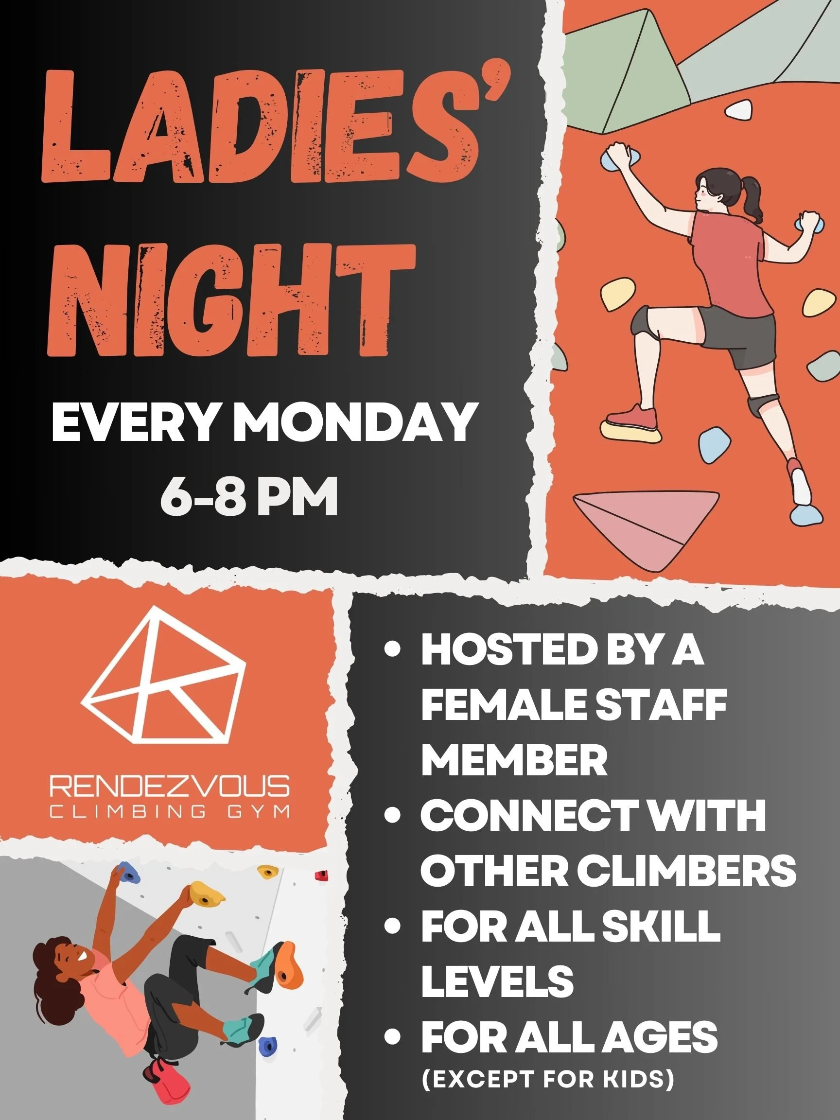 Flyer for "Ladies' Night" at Rendezvous Climbing Gym, featuring women climbing. Event is every Monday from 6-8 PM, hosted by a female staff member. Open to all skill levels and ages, except kids. Includes illustrations of women climbing.