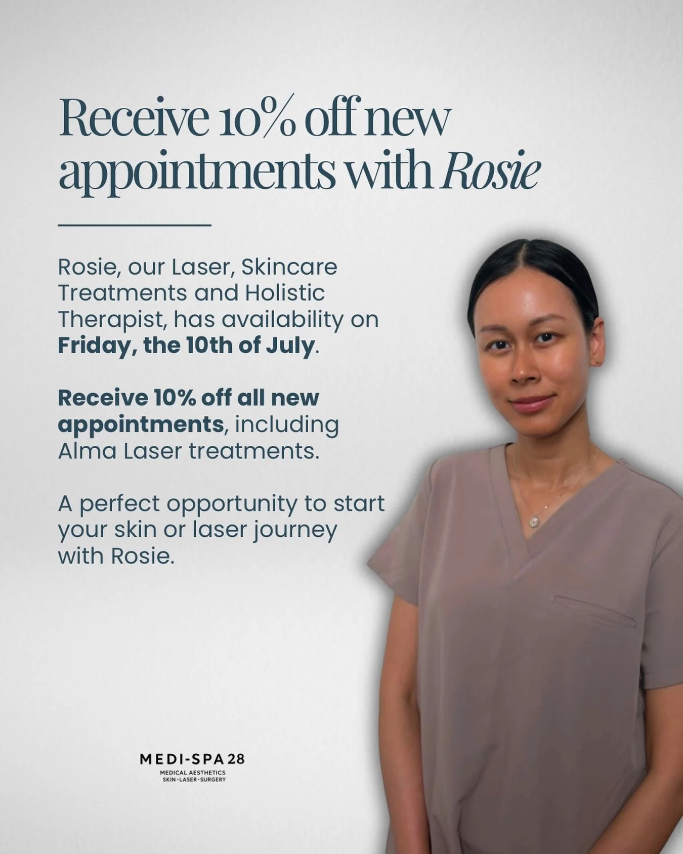 Rosie is our Laser, Skincare Treatments and Holistic Therapist, offering a range of treatments including Alma Laser 🤍

For new appointments on Friday, the 10th of July, receive 10% off with Rosie.

This is the perfect opportunity to start your skin 