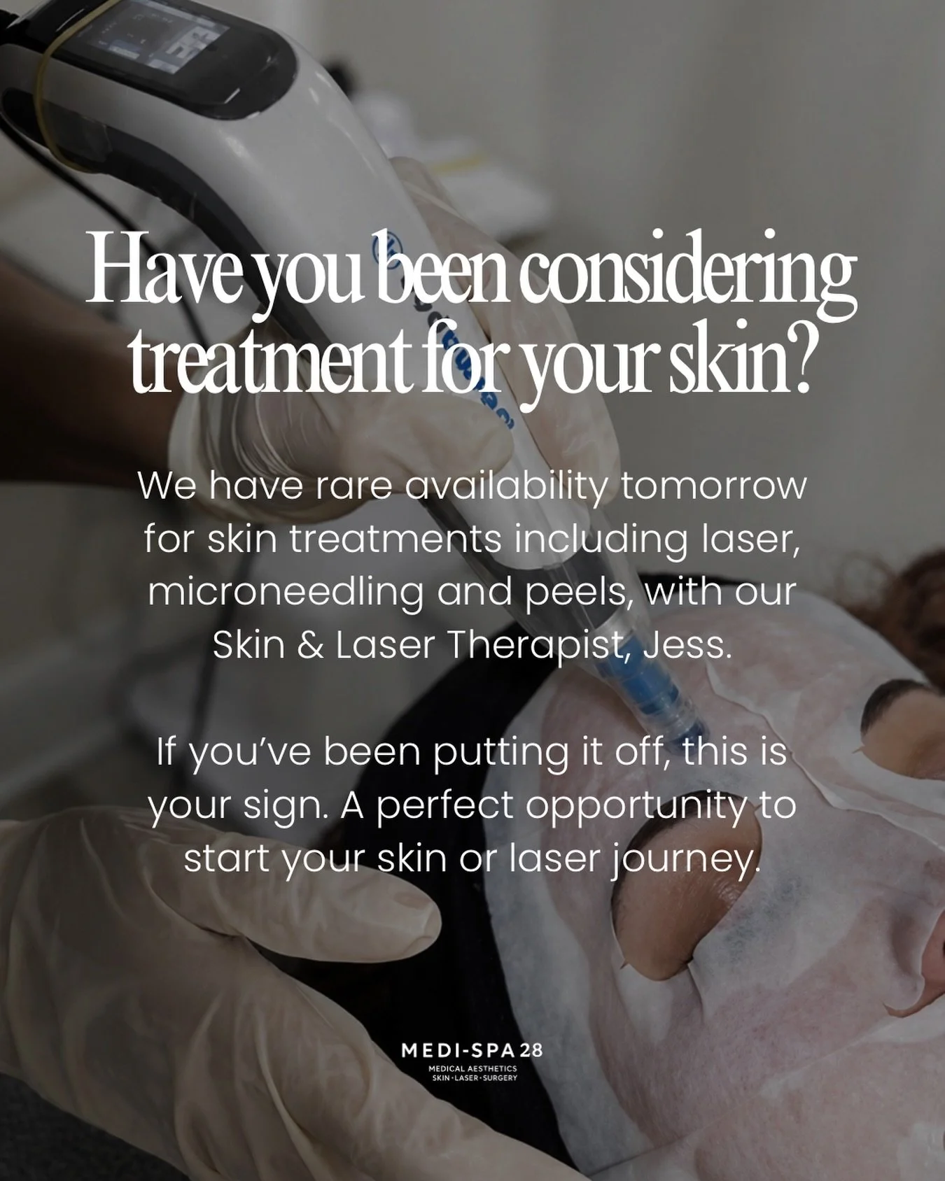 We have rare availability tomorrow, Thursday the 23rd of July, with our Skin &amp; Laser Therapist, Jess.

Whether you&rsquo;re looking to improve acne, pigmentation, redness, fine lines, scarring or simply want healthier, more radiant skin, we offer
