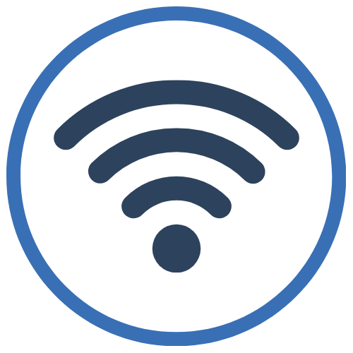 Wi-Fi signal icon inside a blue circle.