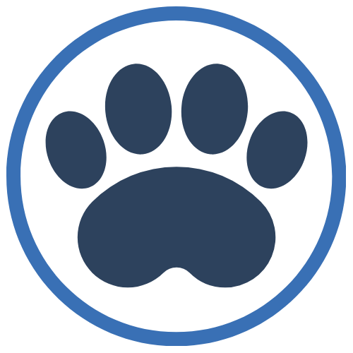 A stylized paw print inside a blue circle.