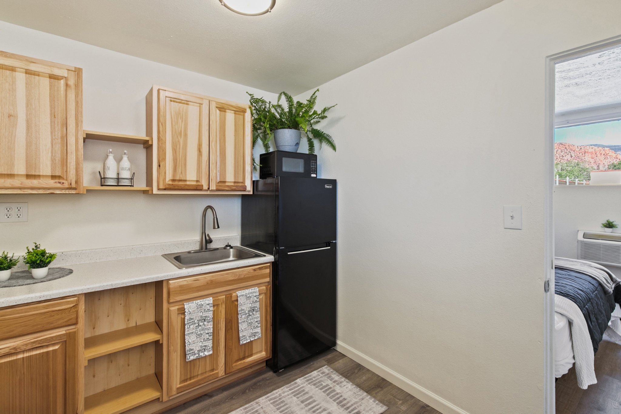 Kitchen with light wooden cabinets, a small black refrigerator, a microwave oven on top, a large potted fern, and a window showing outdoor scenery.