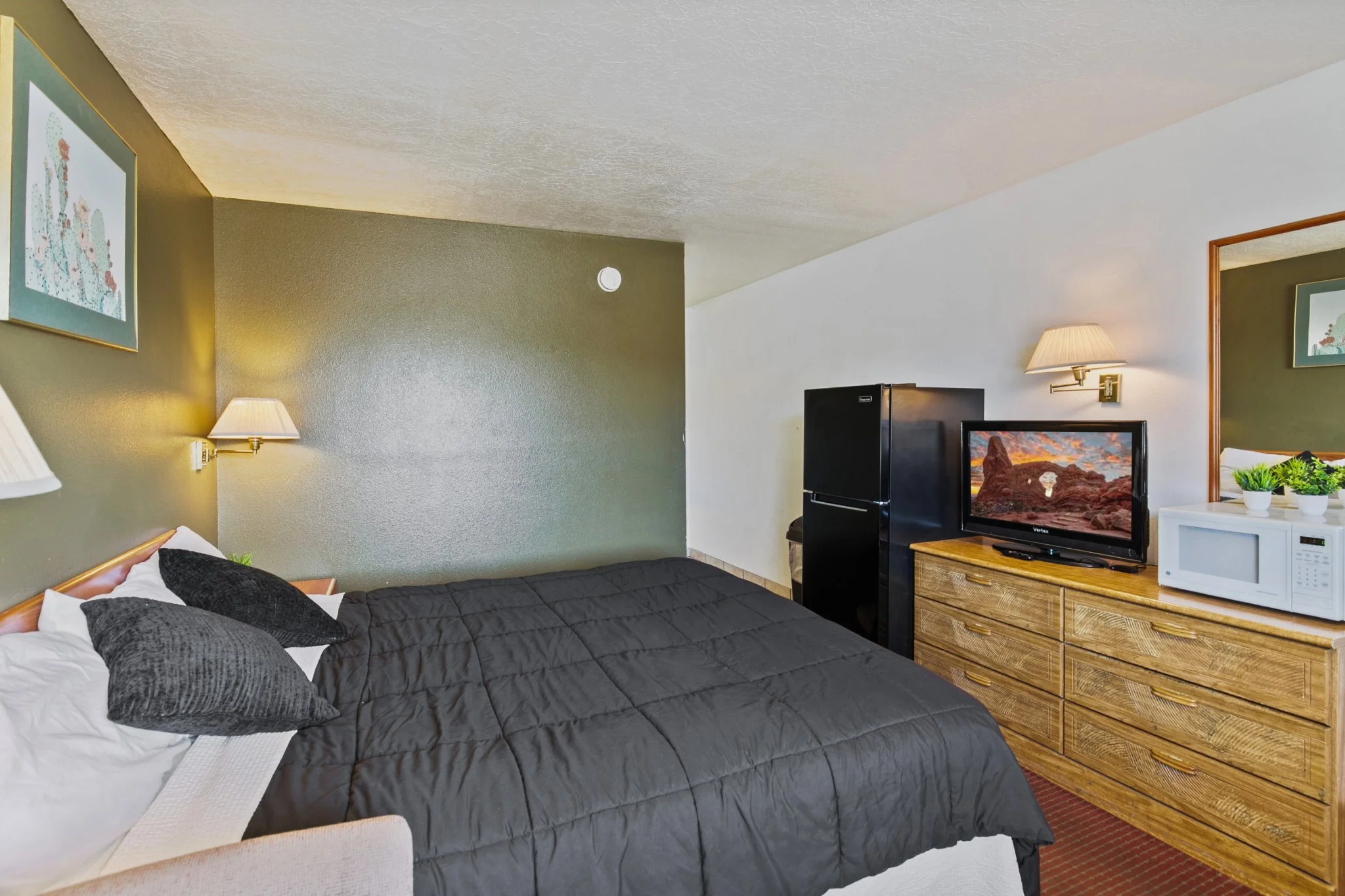 A hotel room with a bed, black comforter, black and white pillows, a wall with framed artwork, a nightstand with a lamp, a black mini fridge, a TV on a wooden dresser showing a desert landscape, a microwave, and some potted plants.