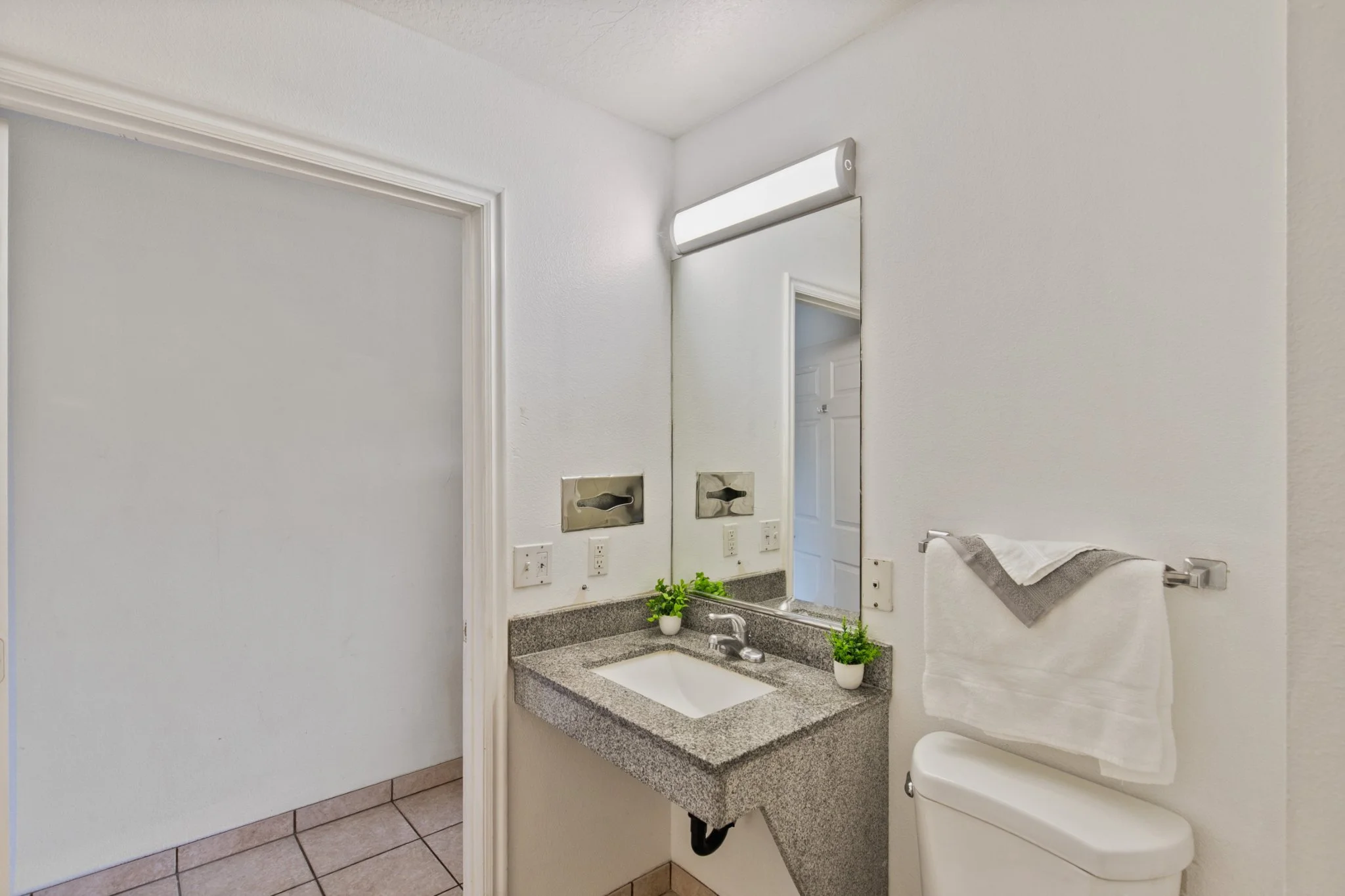 Bathroom with a granite counter, stainless steel soap dispensers, a mirror, potted plants, a towel on a rack, and a toilet.
