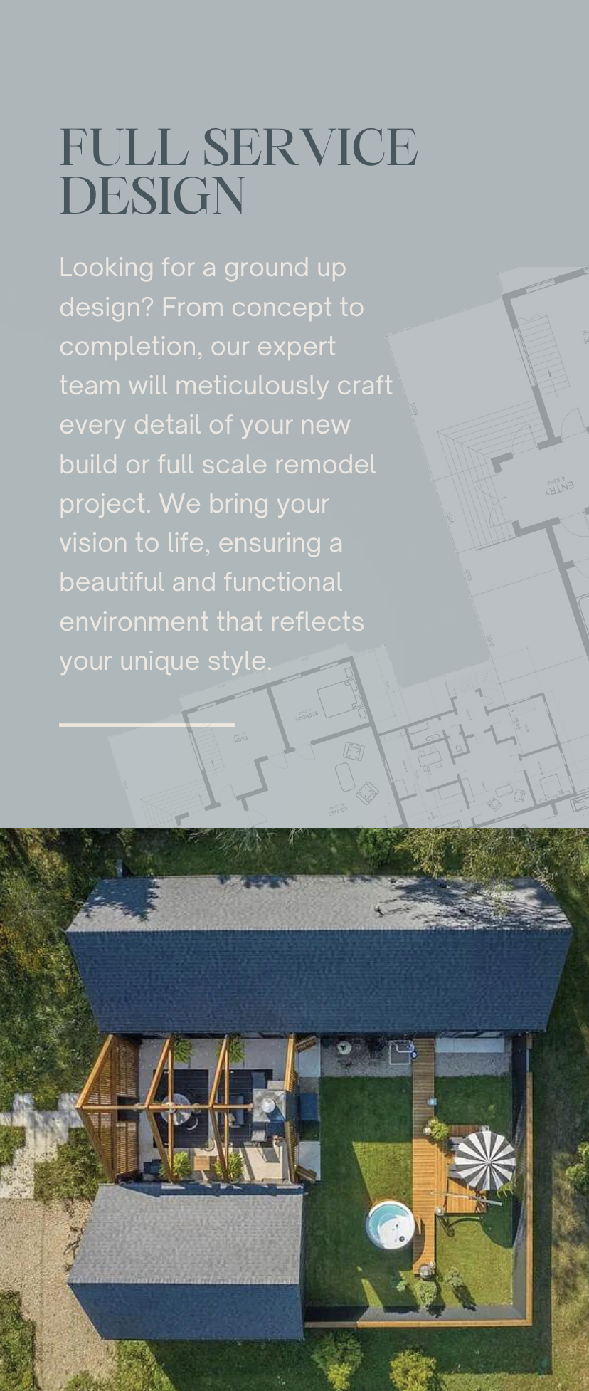 A house with a modern architectural design featuring a shaded outdoor seating area and a small circular pool in the backyard. The text highlights full-service design from concept to completion, focusing on creating a beautiful and functional environm