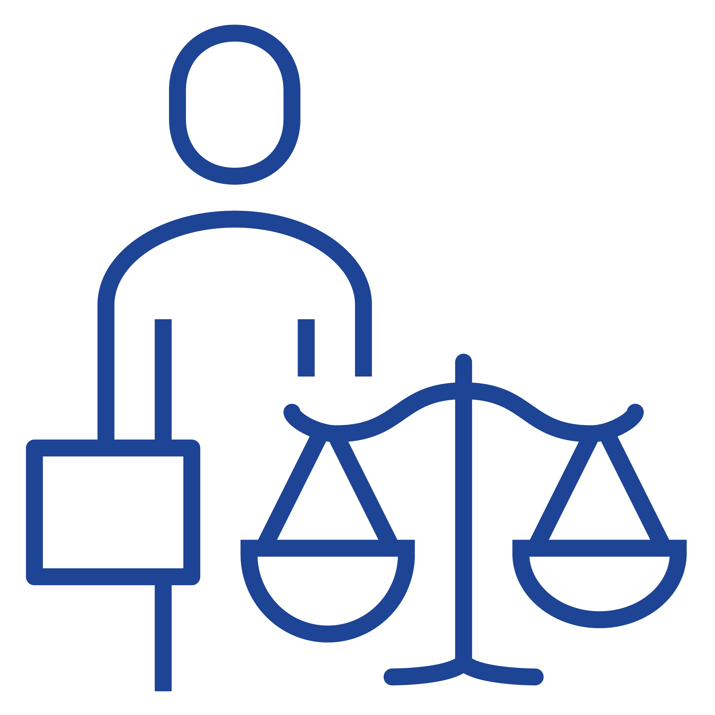 Symbolic person holding a briefcase behind justice scales