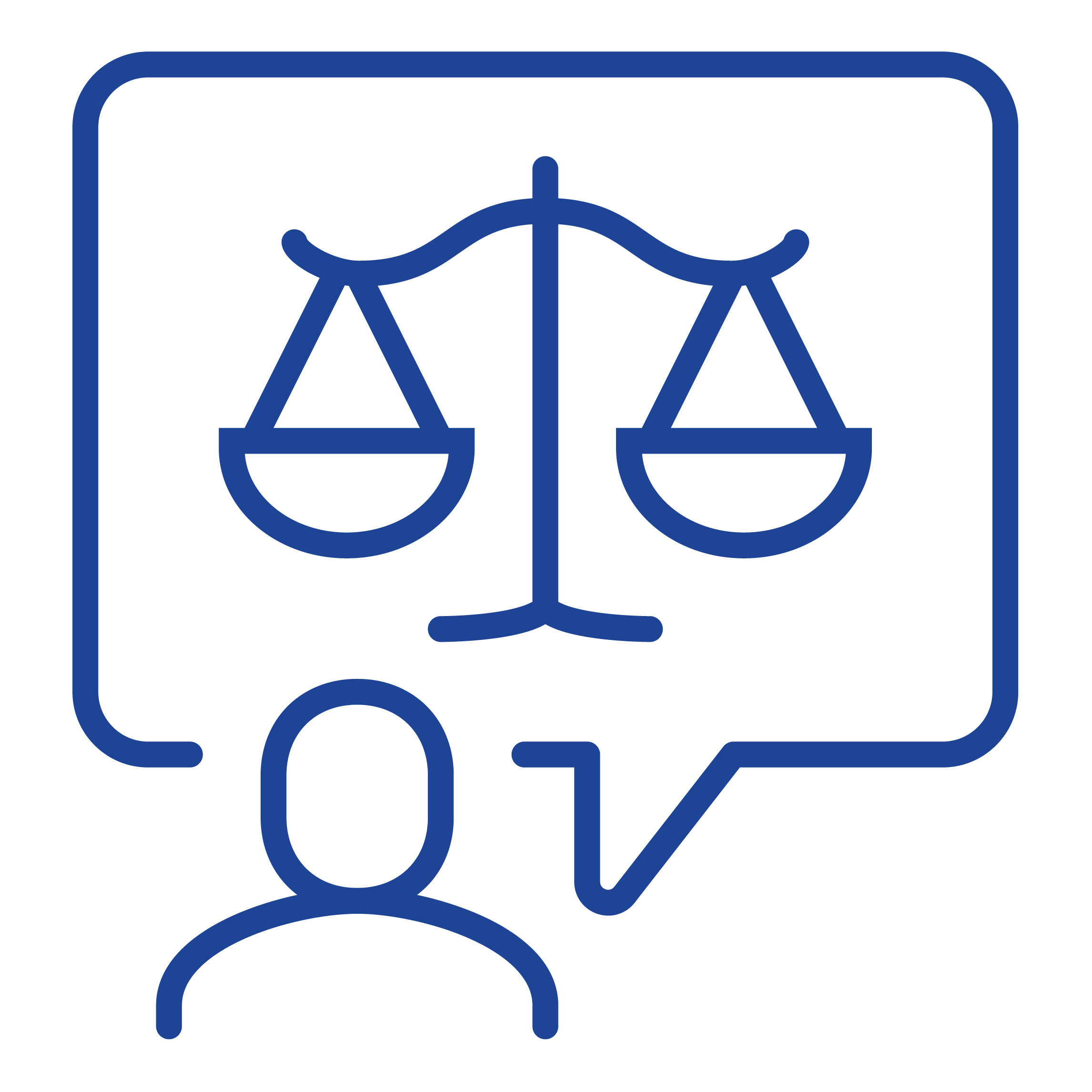 Person icon with talking bubble highlighting justice scales