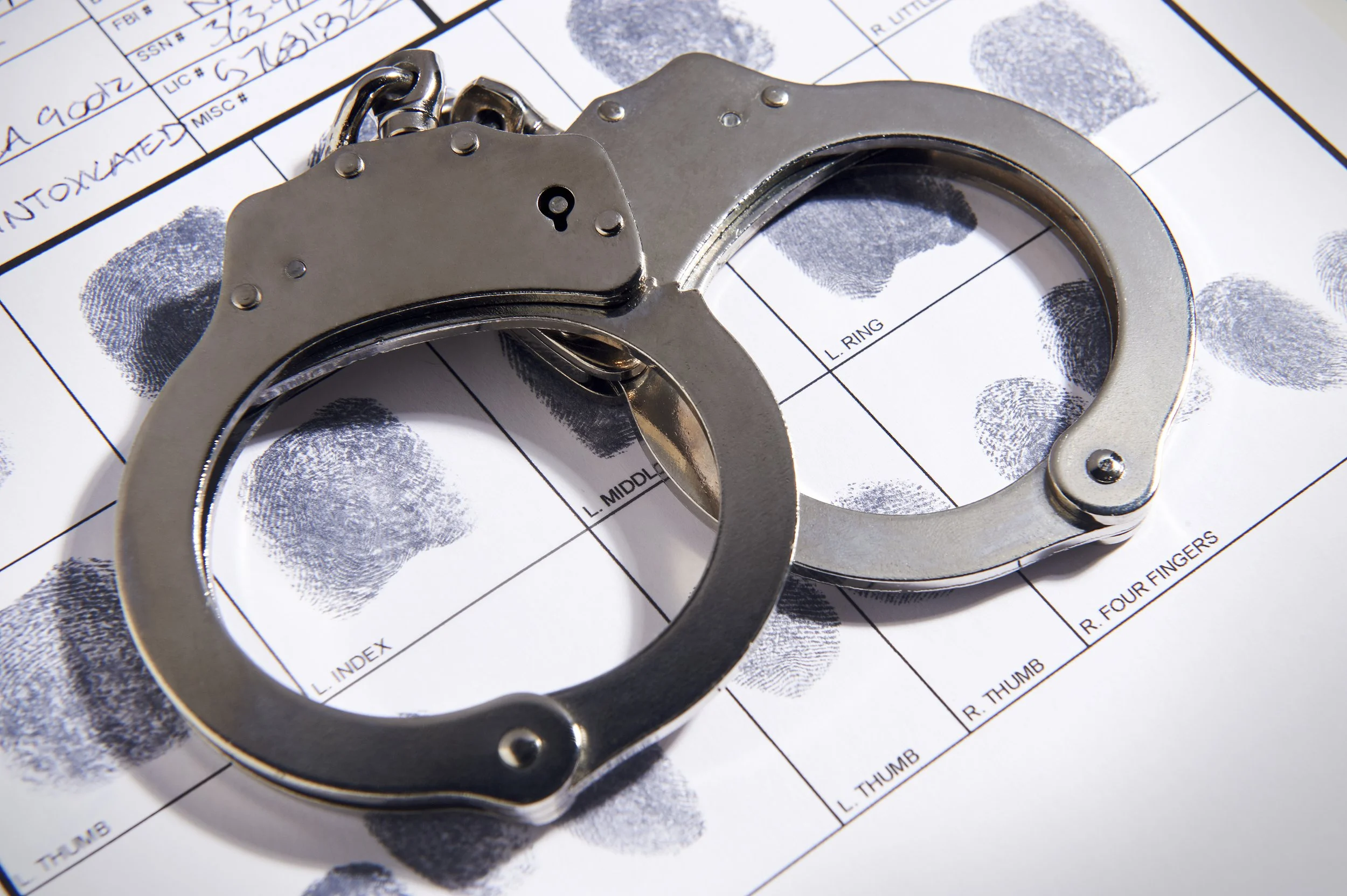 Handcuffs for violent crimes on a paper showing fingerprints
