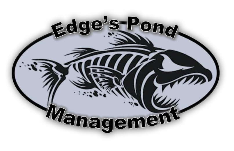 A logo for Edge's Pond Management featuring a stylized fish skeleton in black and gray with the company name curved above and below it.