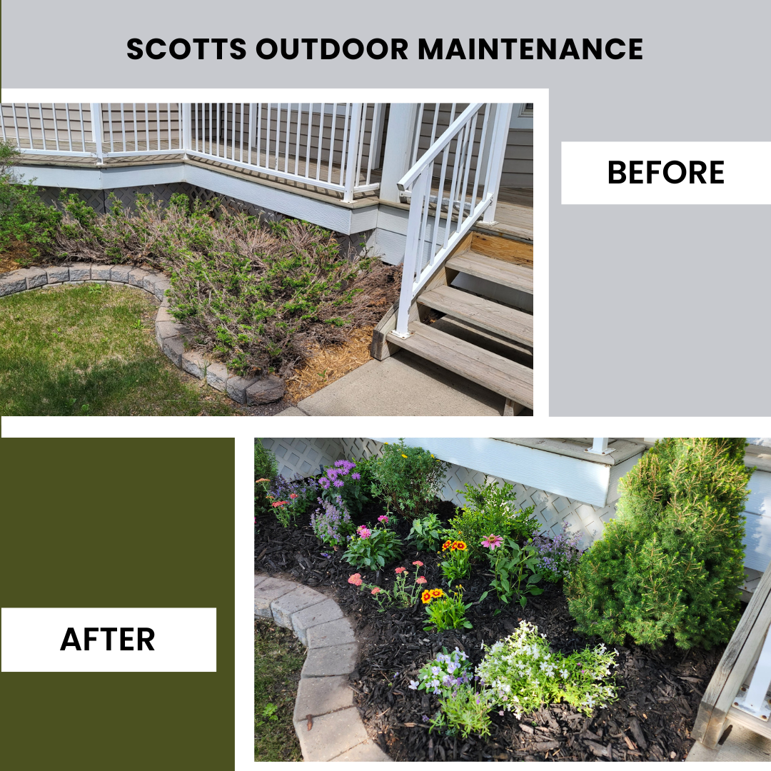 Before and after images of a garden bed makeover. The upper image shows a garden bed with sparse, overgrown plants and a worn staircase with a white railing. The lower image shows the same garden bed filled with colorful flowers, well-mulched soil, a