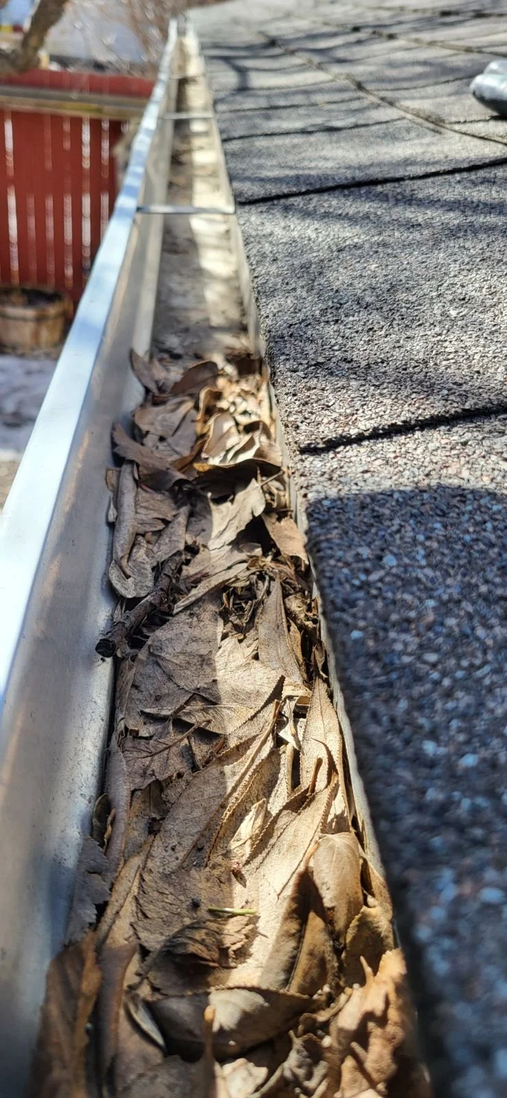 Close-up of a rooftop gutter filled with dry, brown fallen leaves, with surrounding shingles and a partial view of a neighboring roof.