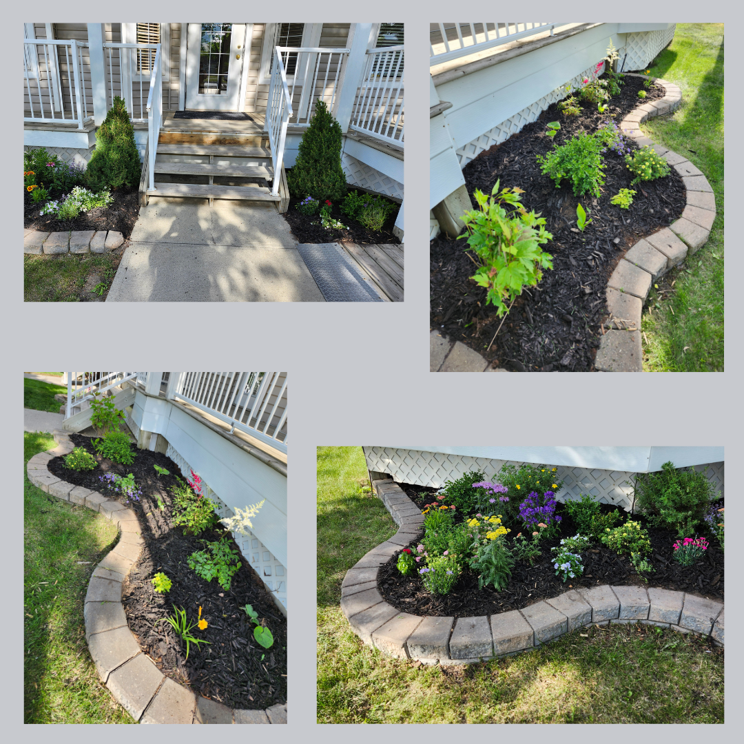 A collage of four photos showing a landscaped garden bed with colorful flowers and green plants, bordered by bricks around a white house with a porch and steps.