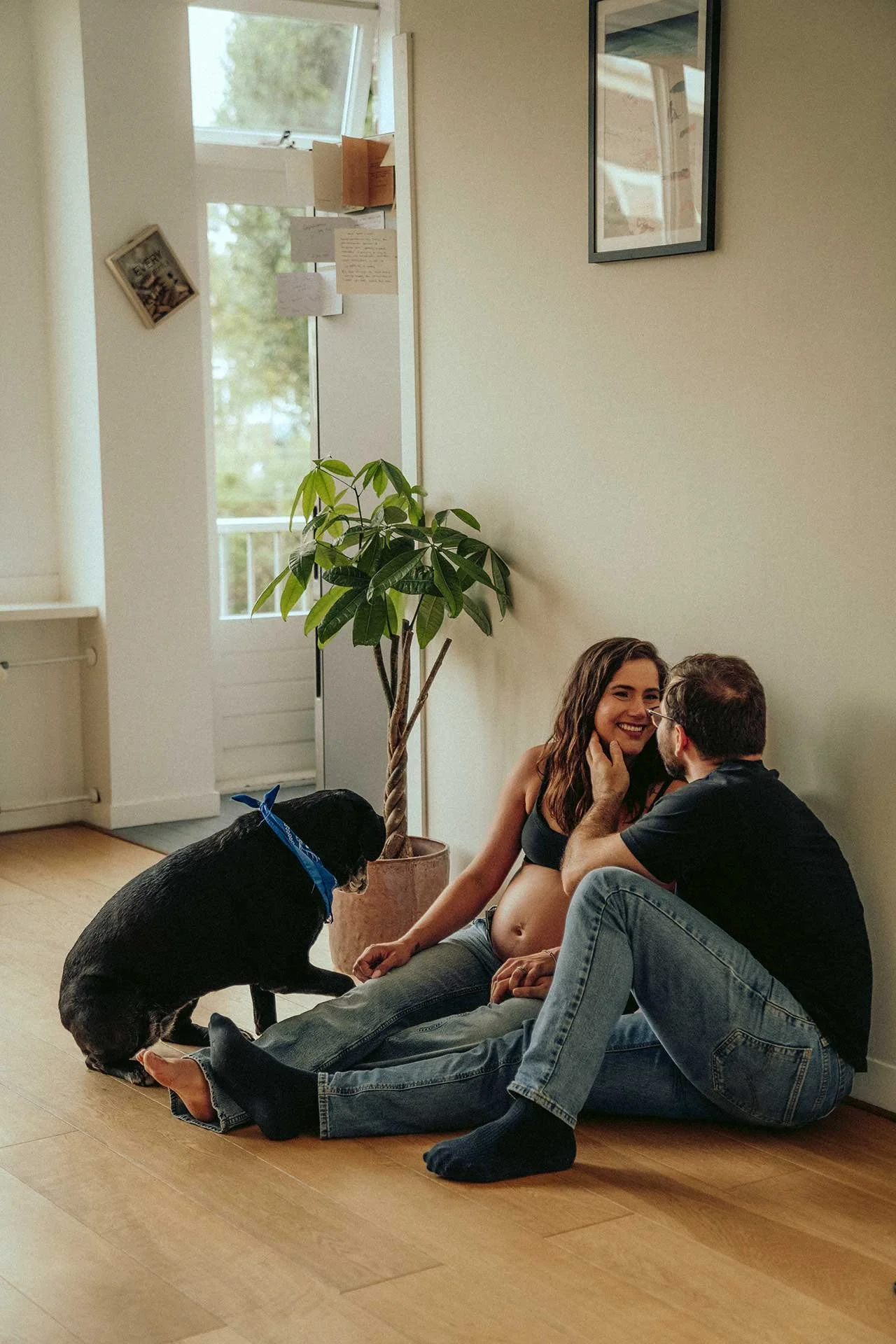 A pregnant woman and a man sitting on the floor, looking lovingly at each other, with a black dog sitting beside them. They are in a sunlit room with a plant