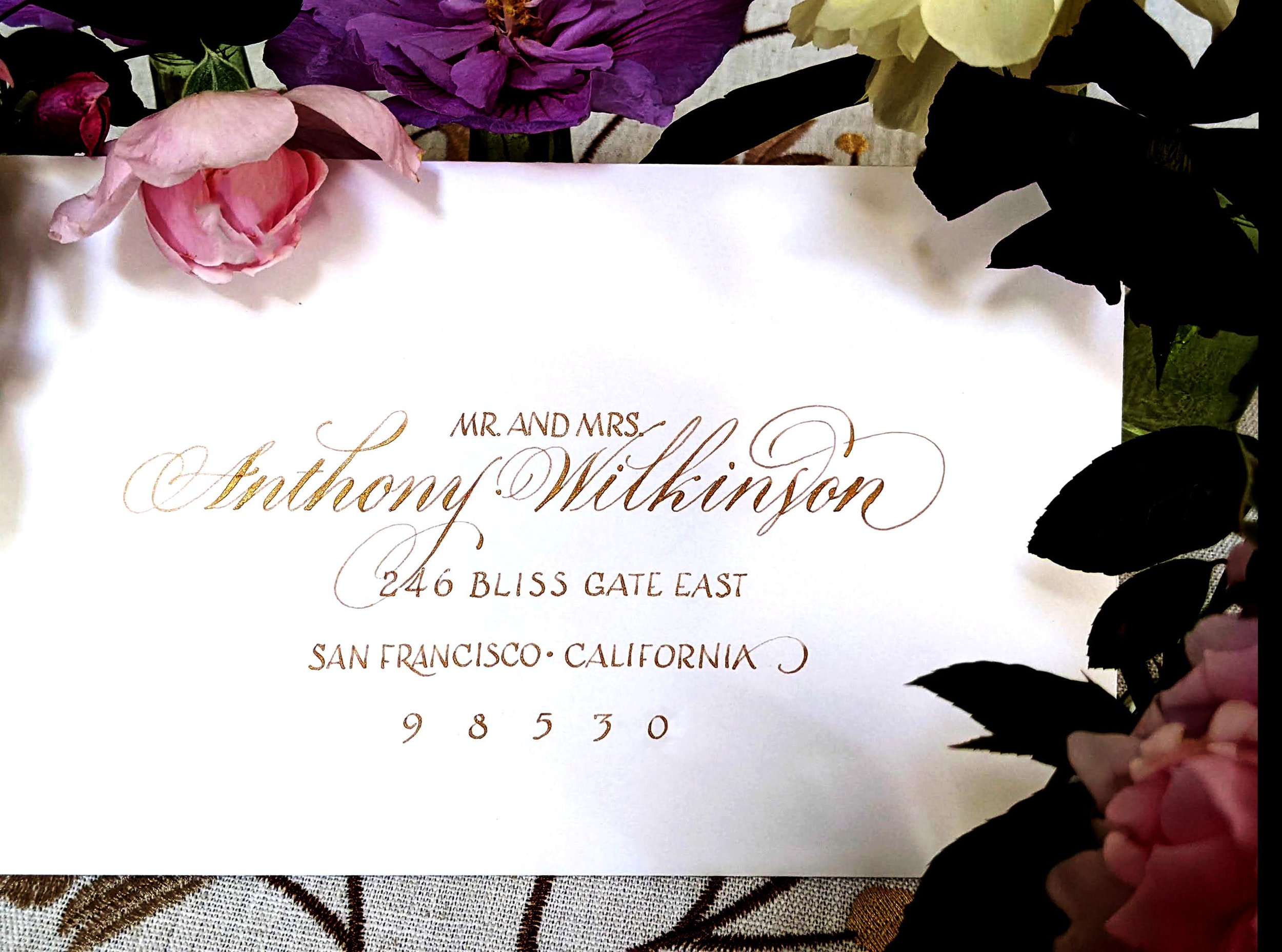 GOLD CALLIGRAPHY ADDRESSED ENVELOPE PEONIES ROSES PINKS.jpg