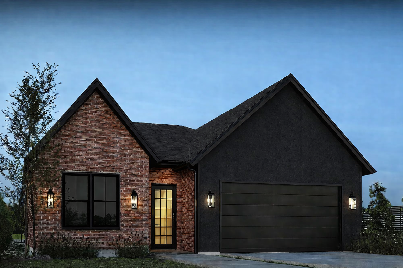 Modern house with black and red brick exterior, large black window, black garage door, and outdoor wall lights in the early evening.