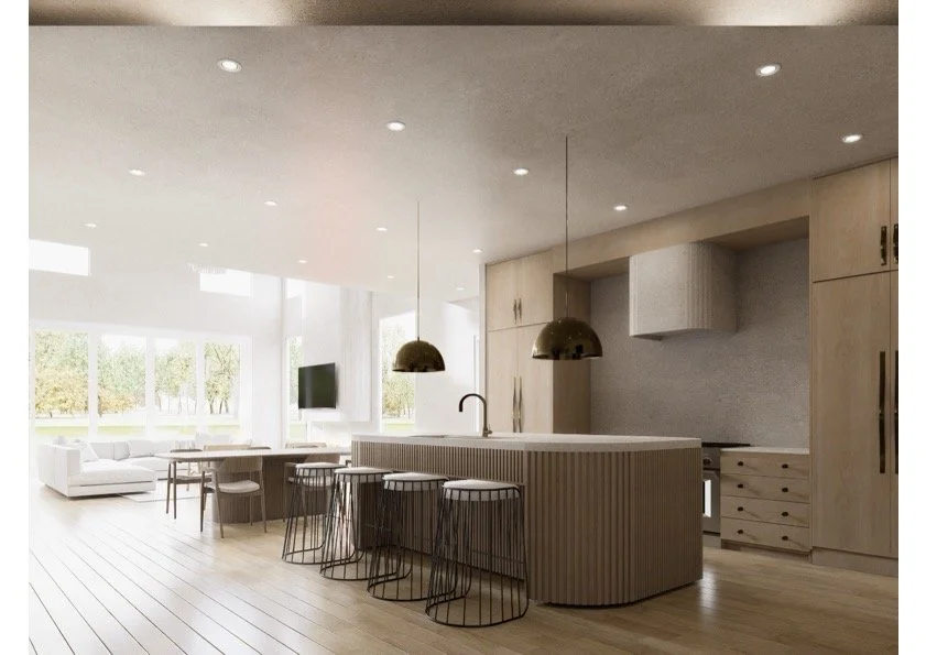 Modern open-concept kitchen with light wood cabinetry, a large island with barstools, pendant lighting, and a view of the living area with large windows.