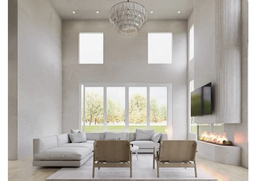 Modern living room with high ceilings, large windows, a wall-mounted TV, sectional sofa, two wooden armchairs, a chandelier, and a fireplace with visible flames.