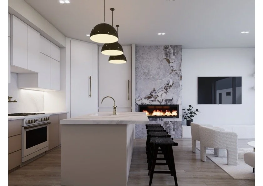 Modern open-concept kitchen with white cabinets, a marble island with a gold faucet, black barstools, a fireplace with a marble accent wall, and a wall-mounted TV in the living area.