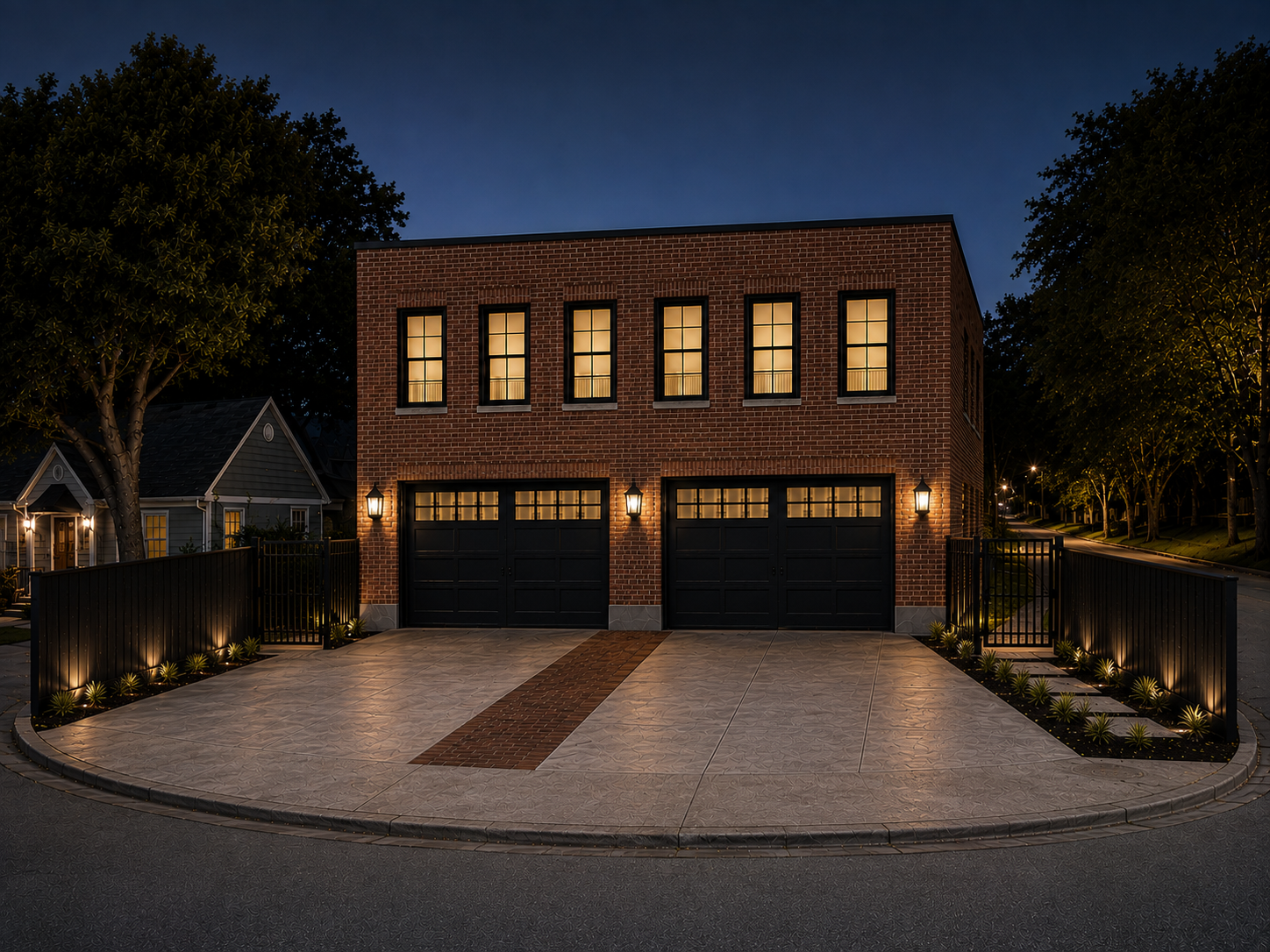 A modern brick house at night with two black garage doors, illuminated by exterior wall lanterns, surrounded by trees and a black metal fence, with a paved driveway in front.