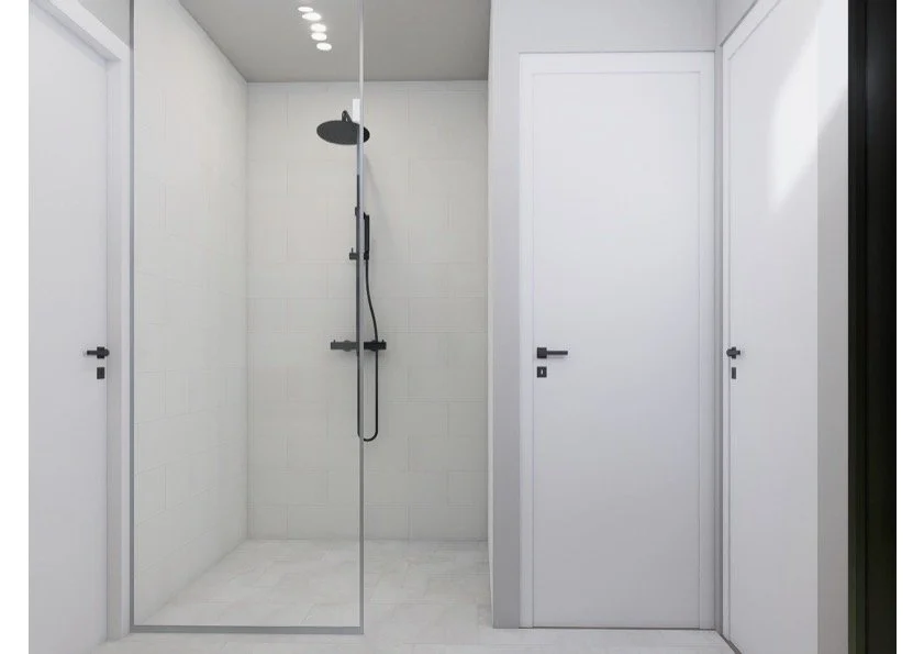Modern bathroom with a glass walk-in shower and two white doors.