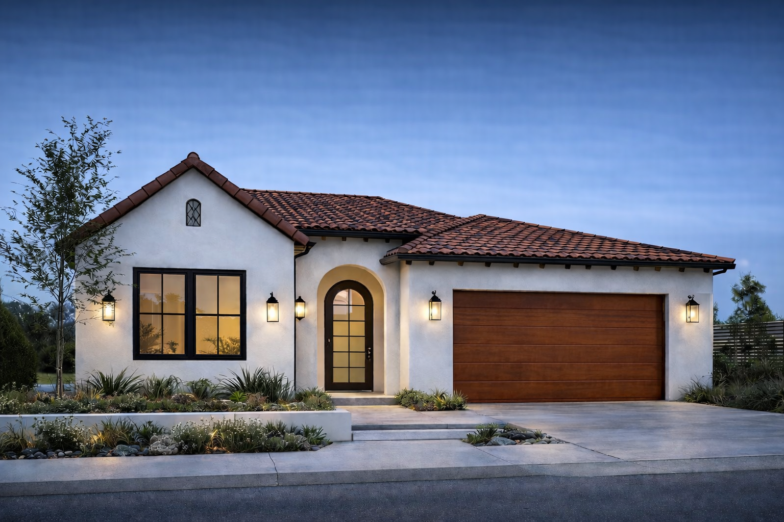 Front view of a modern house with white stucco walls, a red tile roof, black window frames, and a wooden garage door, illuminated by exterior wall lights at dusk.