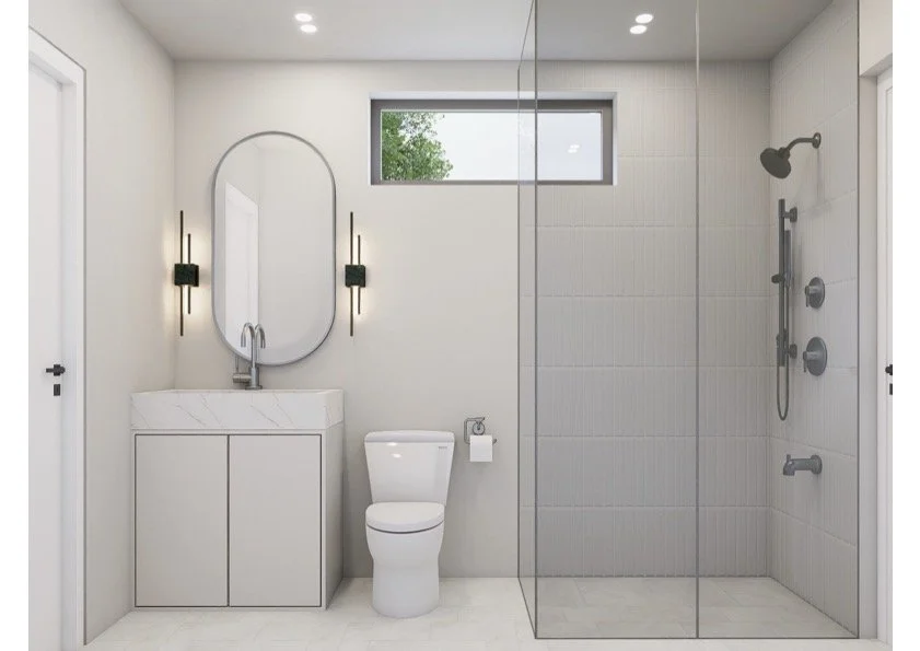 Modern bathroom with white walls, a toilet, a vanity with a mirror and lighting, and a walk-in shower with a glass partition.