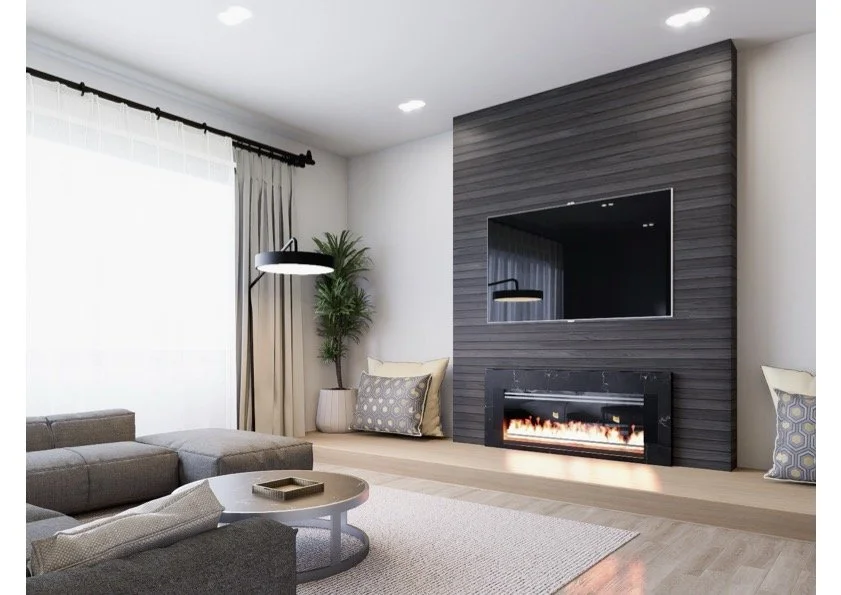 Living room with a modern flat-screen TV above an electric fireplace, gray sectional sofa, potted plant, large window with curtains, and decorative pillows.
