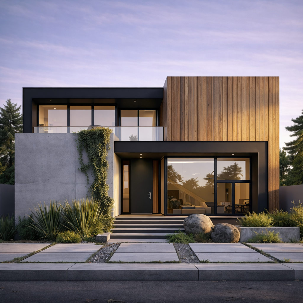 Modern two-story house with wooden and concrete exterior, large glass windows, and landscaped front yard with rocks and plants.