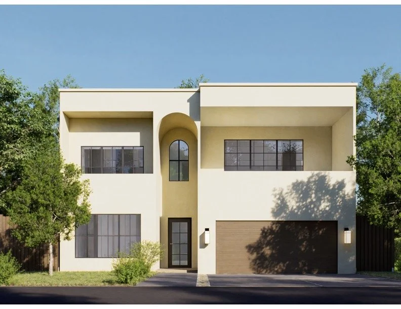 Modern two-story house with beige exterior, large windows, a brown garage door, and a distinctive archway above the front door, surrounded by trees and greenery.