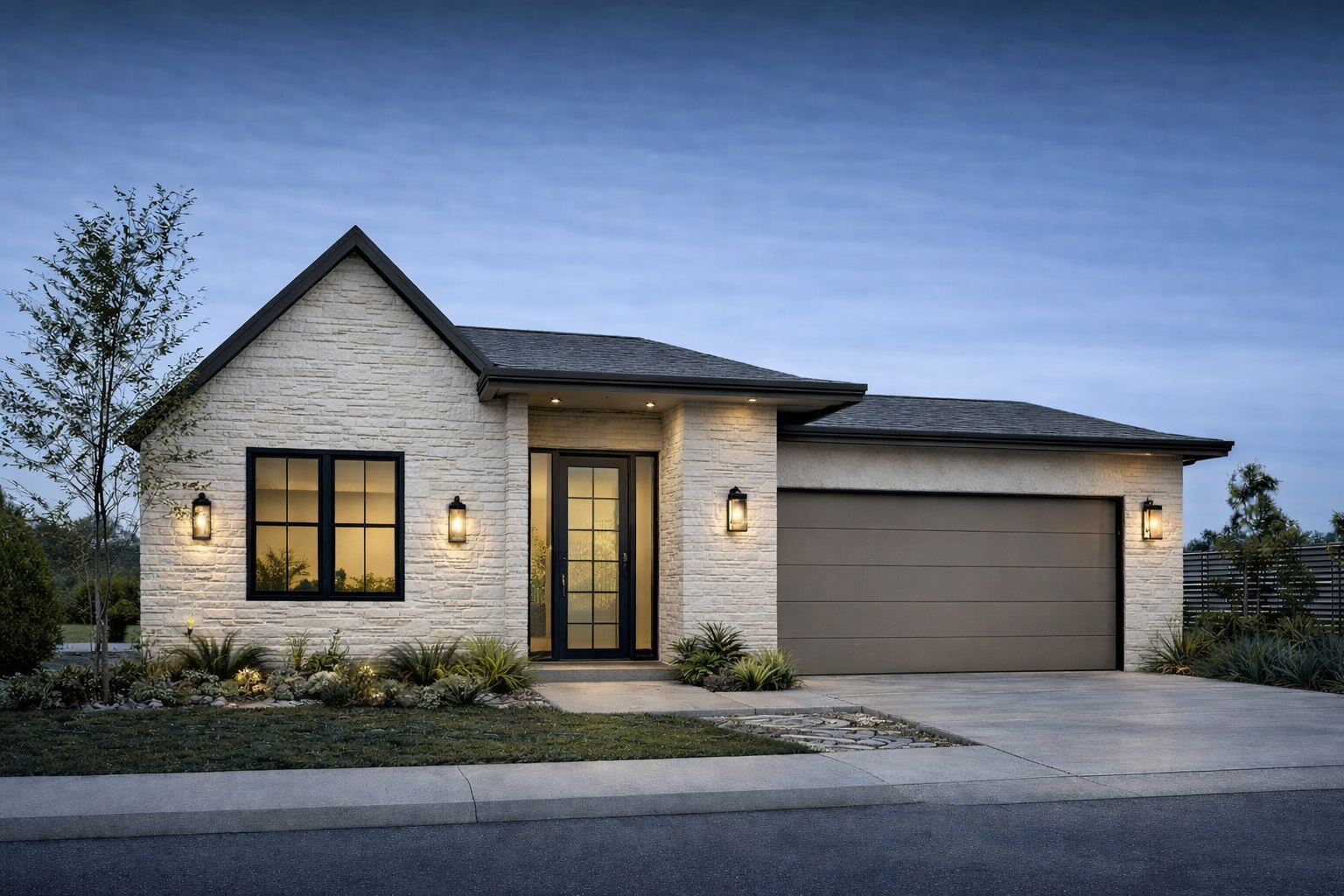 Modern suburban house with white brick exterior, black window frames, a gray garage door, and outdoor wall-mounted lights, during dusk.