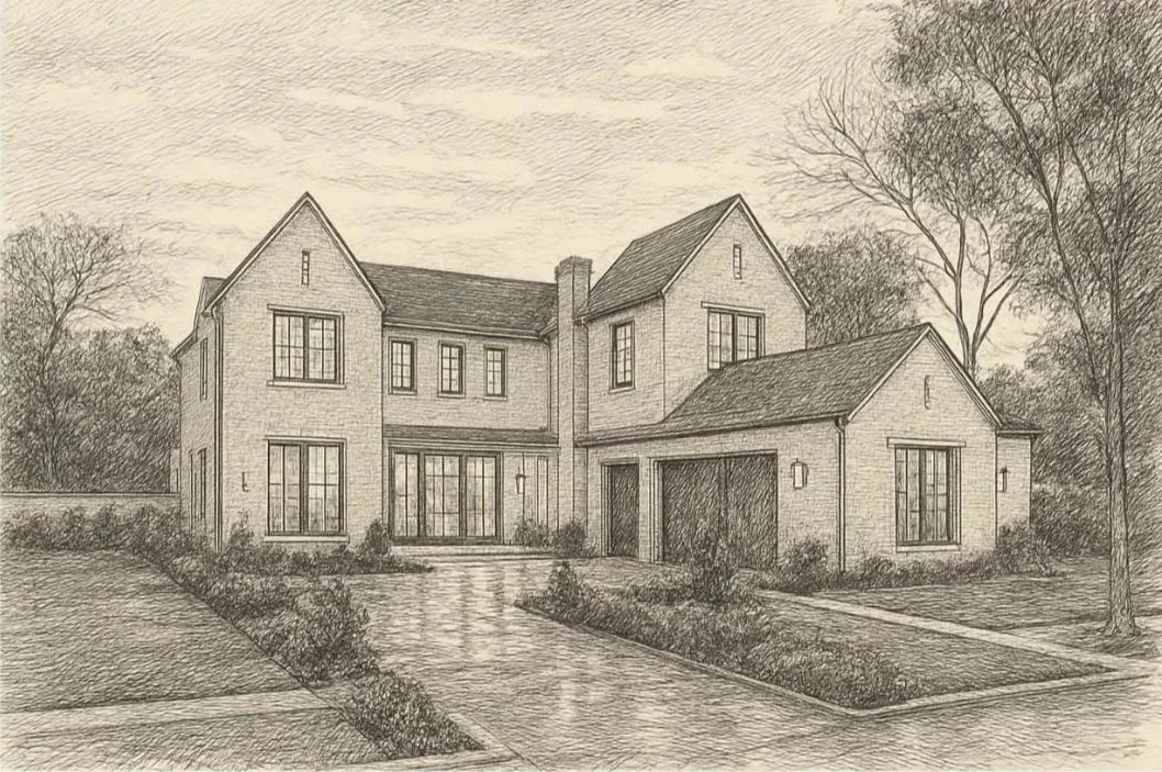 A detailed sketch of a large, two-story house with multiple windows, a driveway, and surrounding trees and bushes.