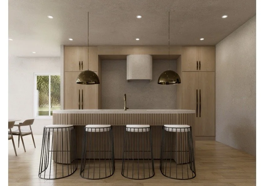 Modern kitchen featuring a large island with a white countertop, four bar stools with black wire bases and white seats, wooden cabinets, a gray range hood, two gold pendant lights, and a window with a view of greenery.
