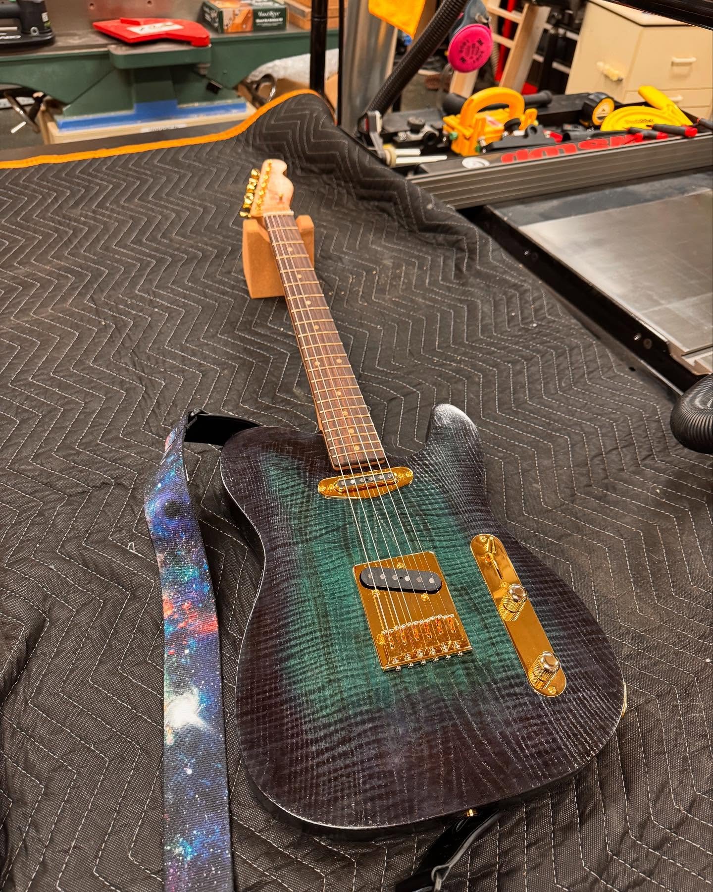 I&rsquo;m calling it the galaxy tele. Pretty happy with how it turned out🤩
- Alder body and figured maple neck from @groffslumber 
- Figured bookmatched maple top from @kimballhardwoods 
- Ebony fretboard and gold fret wire from @stewmac_guitar 
- P