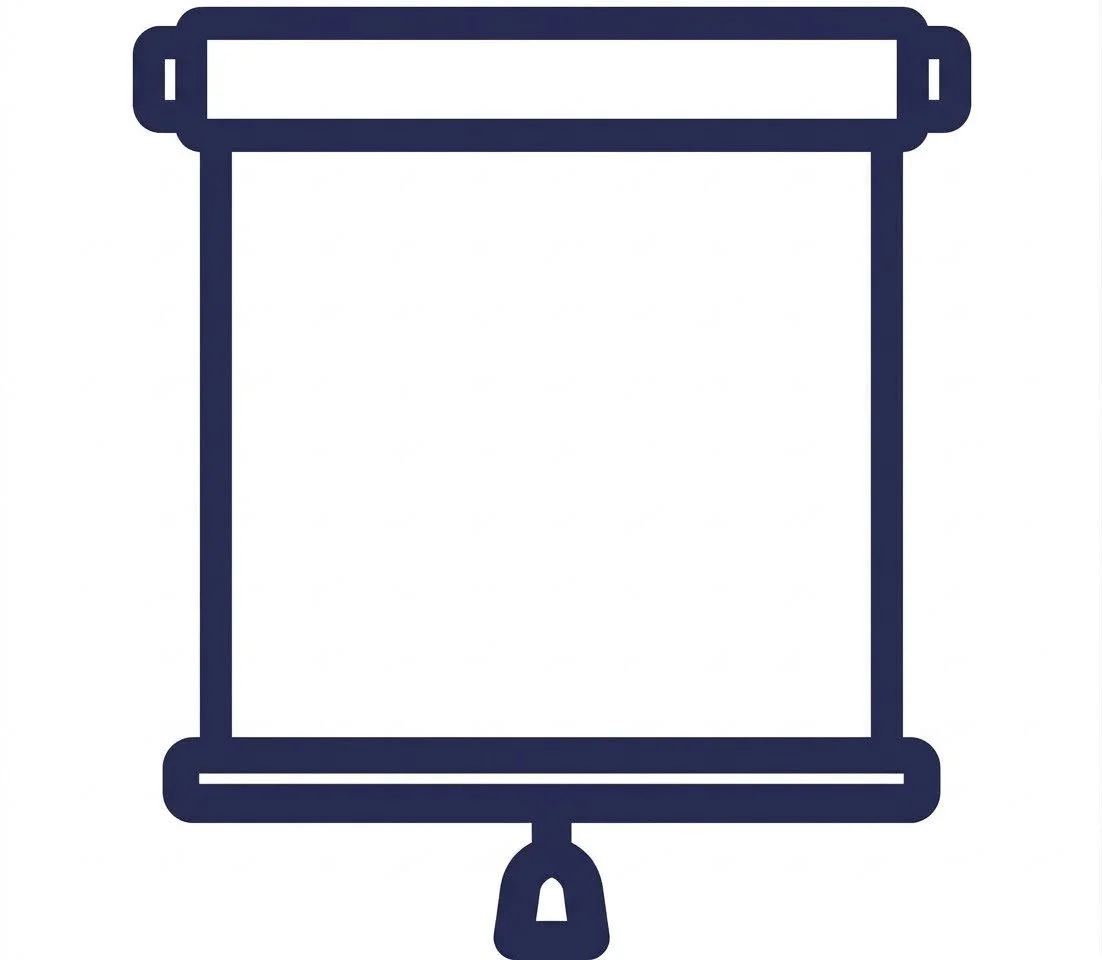 Line drawing of a projection screen with a pull-down mechanism.