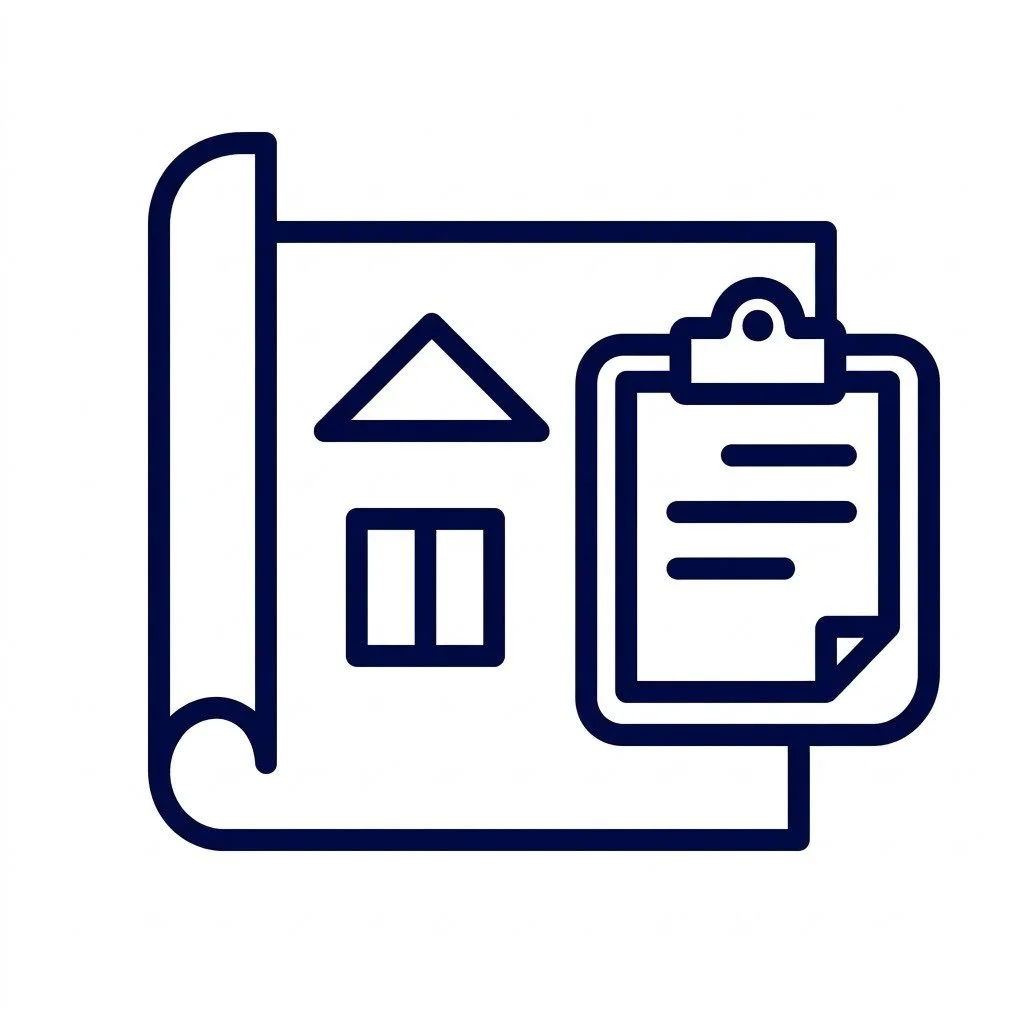 Outline icon of a blueprint with a house and a clipboard.
