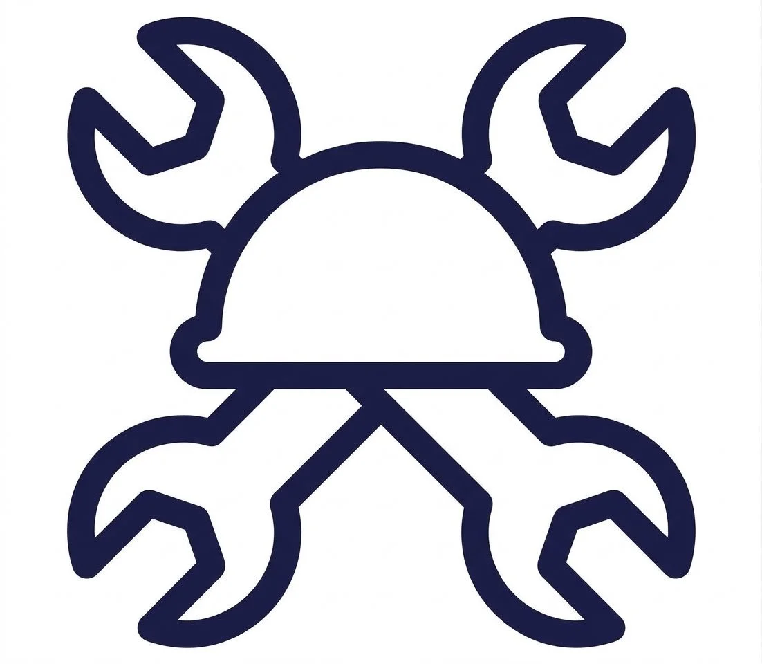 Outline of a crab with a helmet and tools as claws, resembling a construction or repair theme.