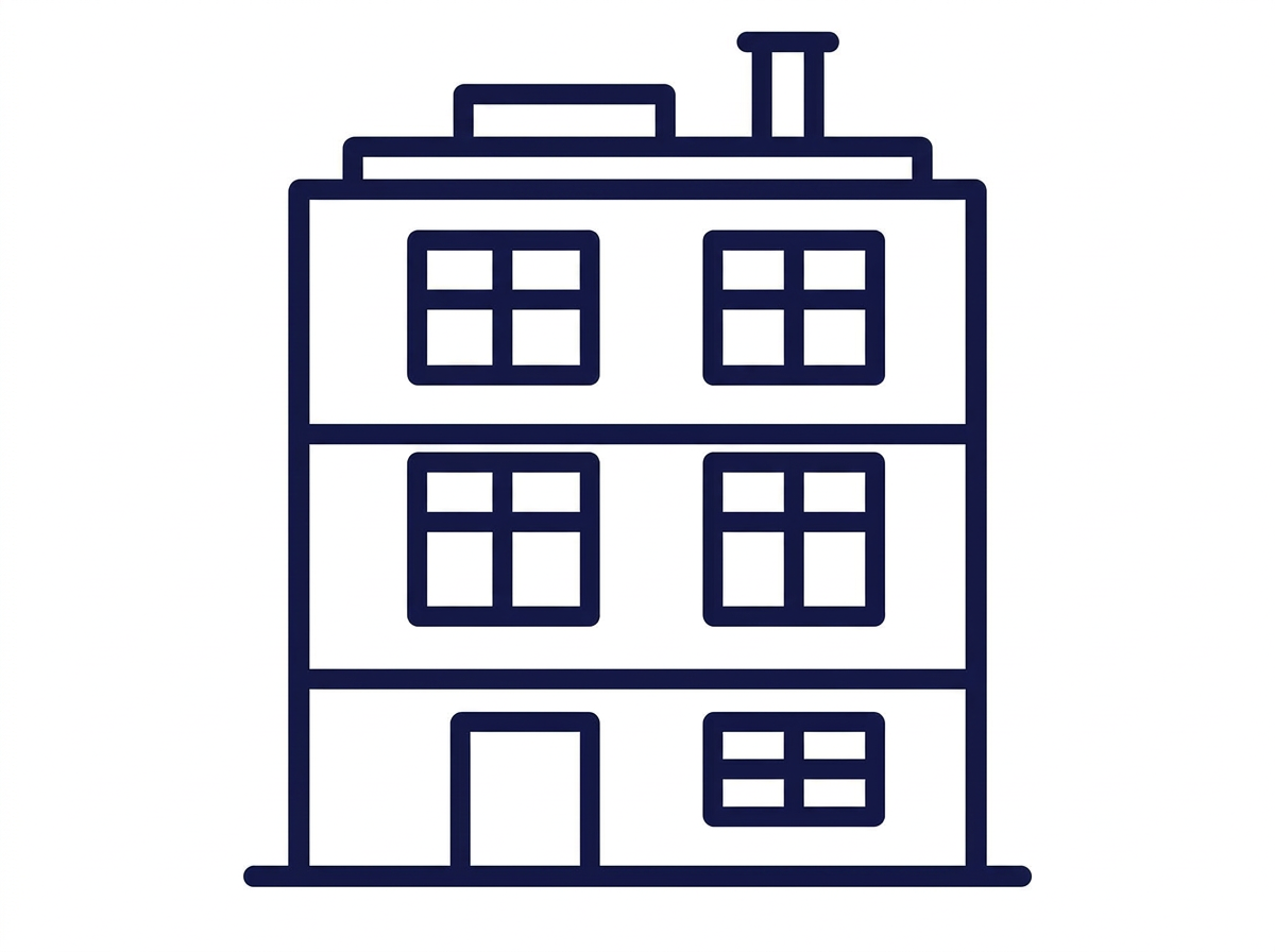 Outline drawing of a three-story apartment building with multiple windows and a door.
