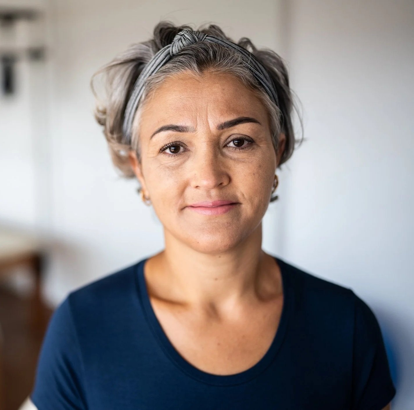 Close-up of a middle-aged woman with short gray hair and a headband, wearing a navy blue shirt, smiling gently at the camera.