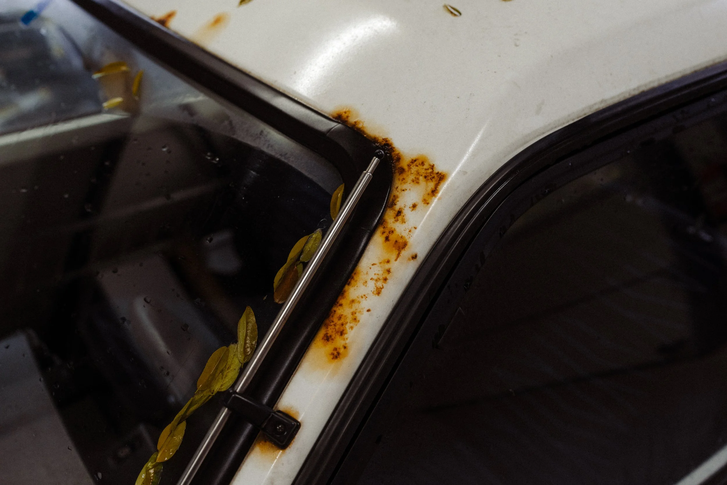 Roestschade bij de raamlijst van Subaru Justy voor restauratie bij Garage van Beek Soesterberg