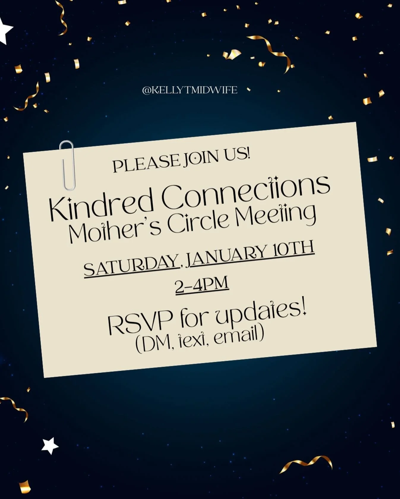 The holidays flew by, and I&rsquo;m so excited for January&rsquo;s Kindred Connections meeting! We will enter the new year with new friendships, and a space for us to honor our unique stories as mothers 💕

If you&rsquo;re a mama looking to form comm