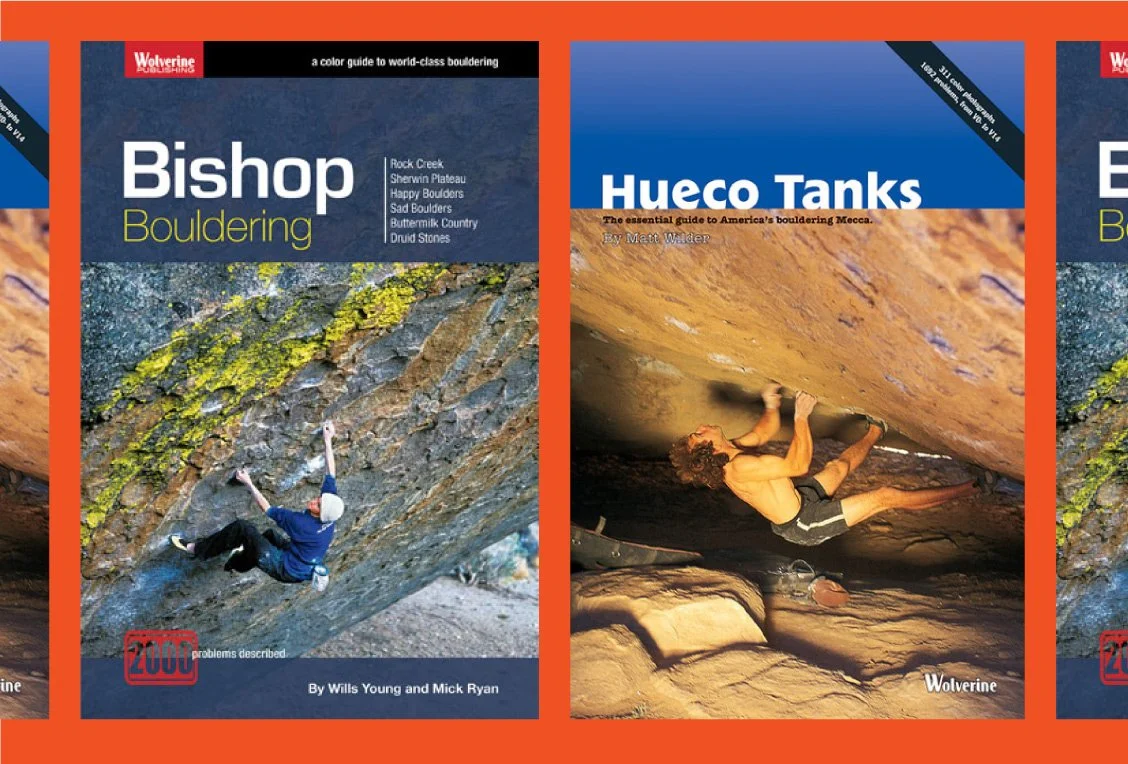 Guidebook covers of Bishop Bouldering and Hueco Tanks