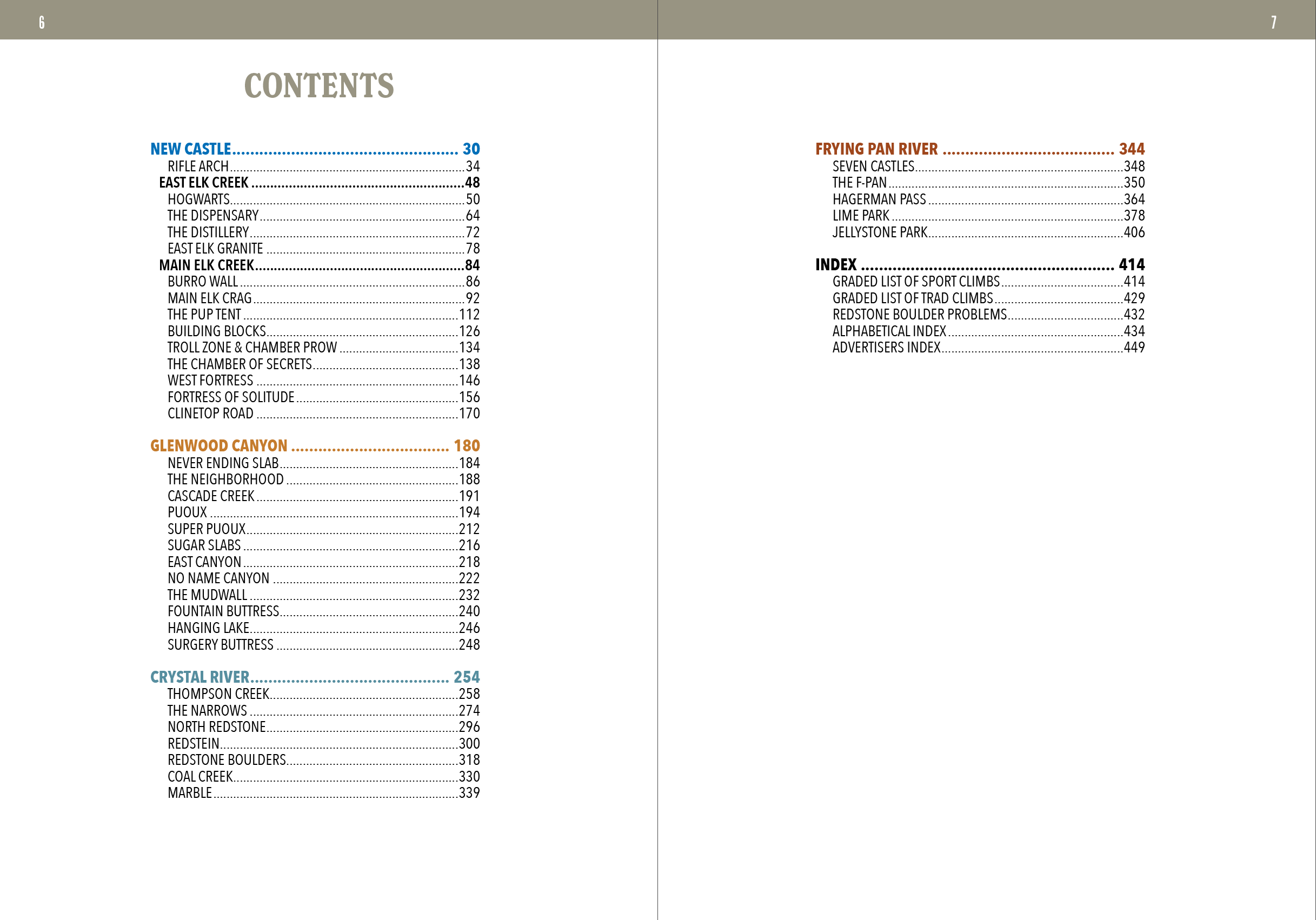 page spread with areas and page numbers for Western Sloper guidebook