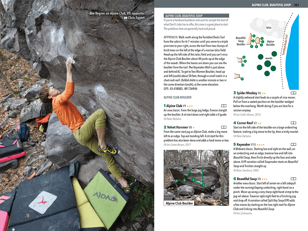 Picture of person bouldering at Devil's Lake and bouldering descriptions and map.