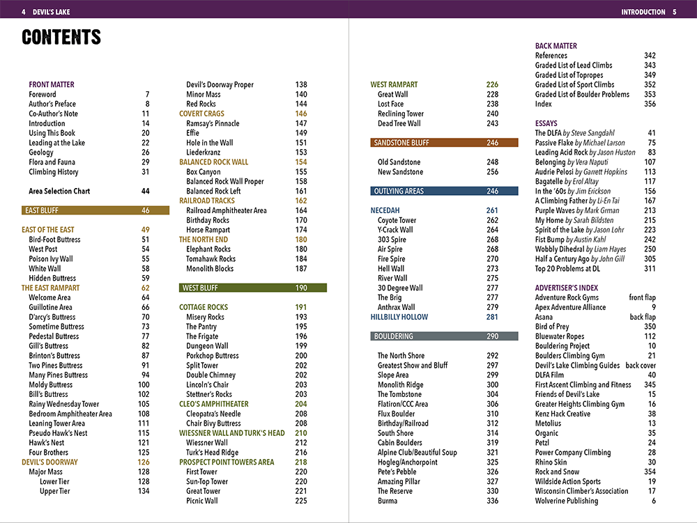 Devil's Lake rock-climbing guidebook Table of Contents.