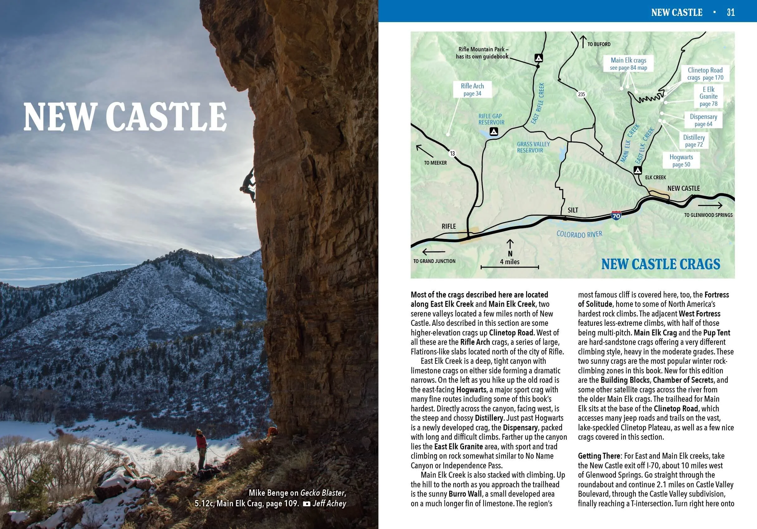 Image of climber on cliff and map and introduction to the climbing in New Castle, CO