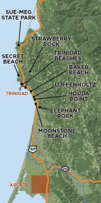 Map of the Trinidad area with pinpointed climbing spots