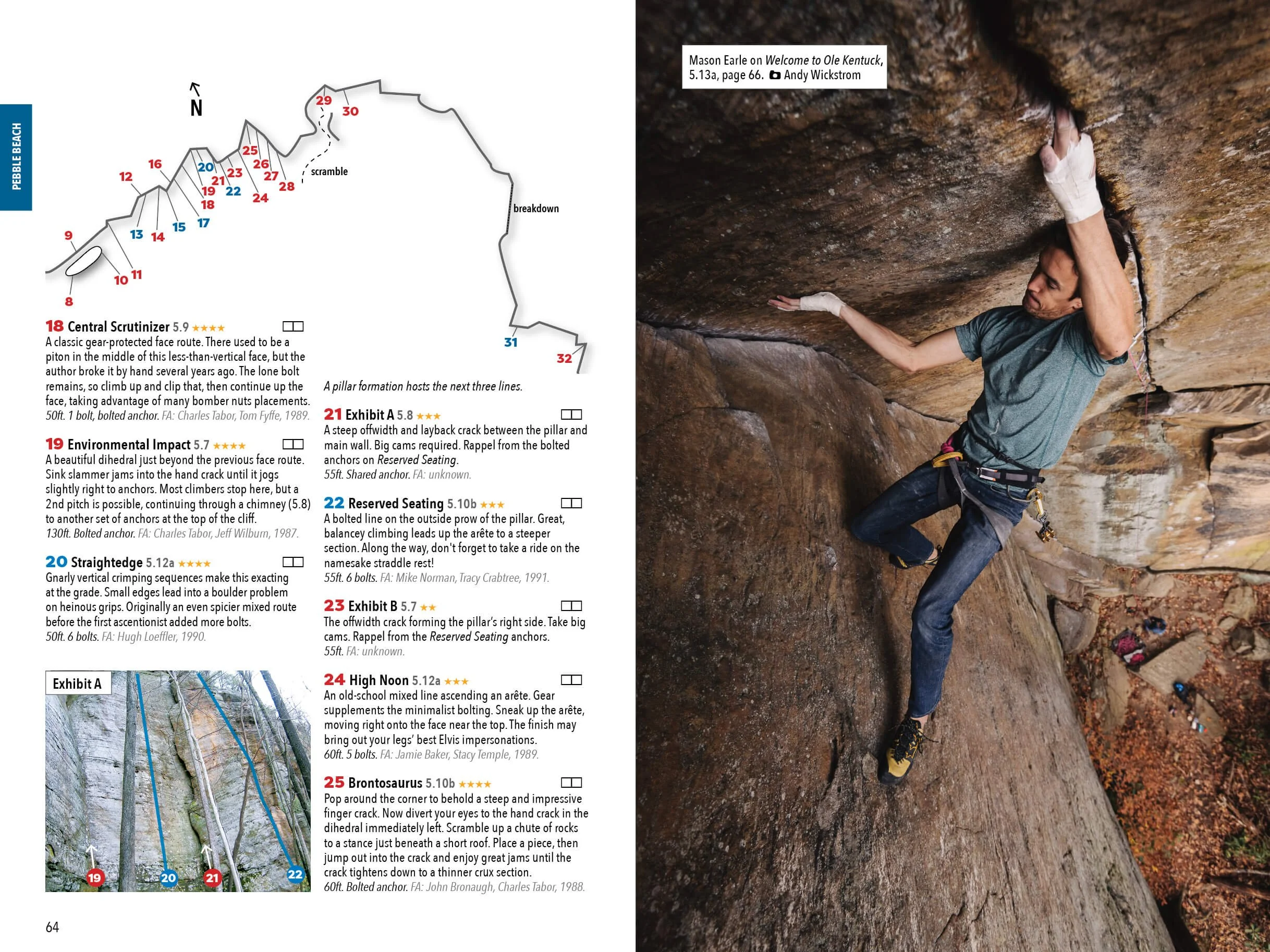 Image shows pages 64-65 with a schematic, route descriptions, and an action photo.